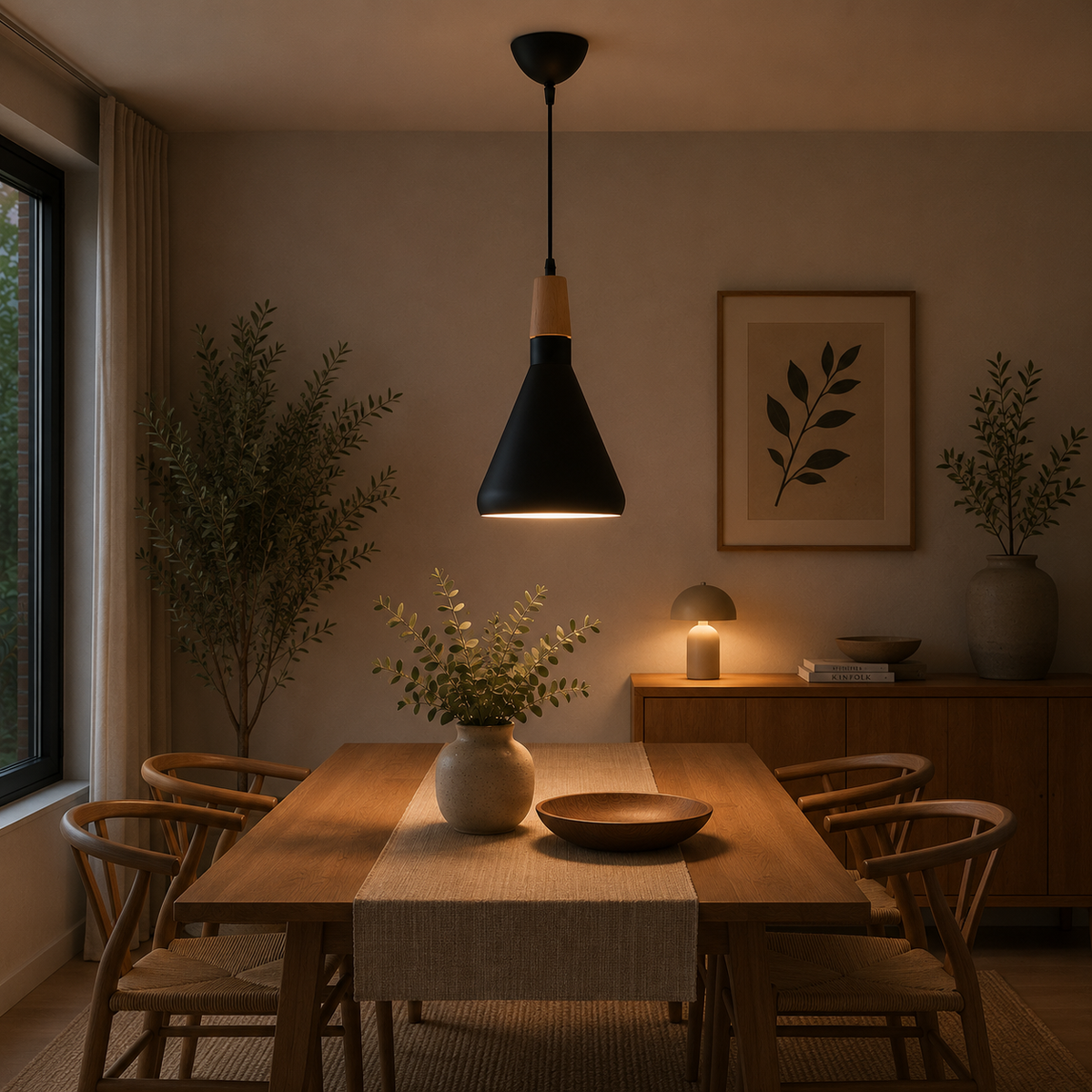 Lámpara colgante NARA negra con detalle de madera iluminando una mesa de comedor