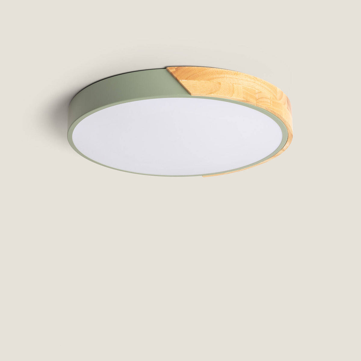 Plafón LED LIRA 24W verde celadón madera y aluminio Ø418 mm CCT, vista principal