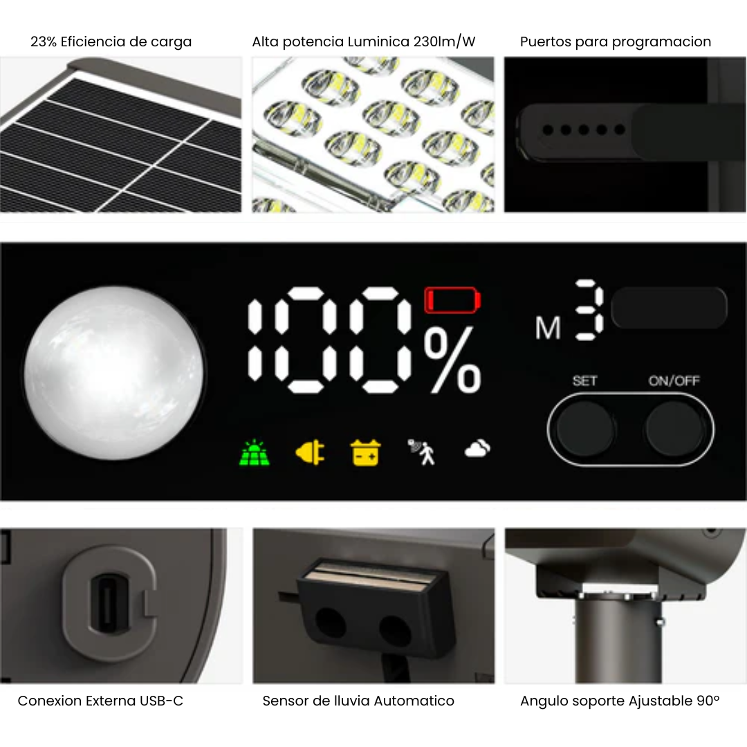 Farola Solar LED Serie STAX 3000lm 230lm/W CCT Regulable PIR IP65 Conexion Ø60mm