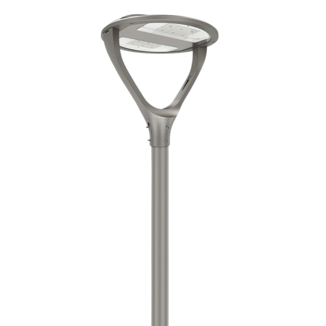 Farola LED Halo 30W doble brazo instalada en poste para alumbrado urbano