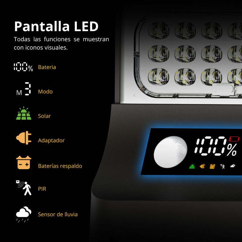 Farola solar Led STAX 3000lm pantalla monitorizacion led CCT regulable 3000-6000K