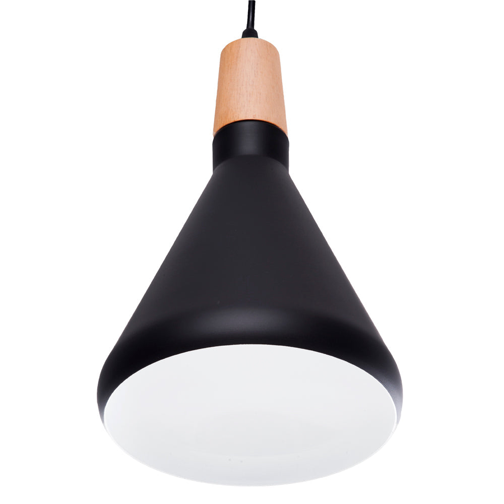 Lámpara colgante NARA E27 negra con detalle de madera, vista del producto