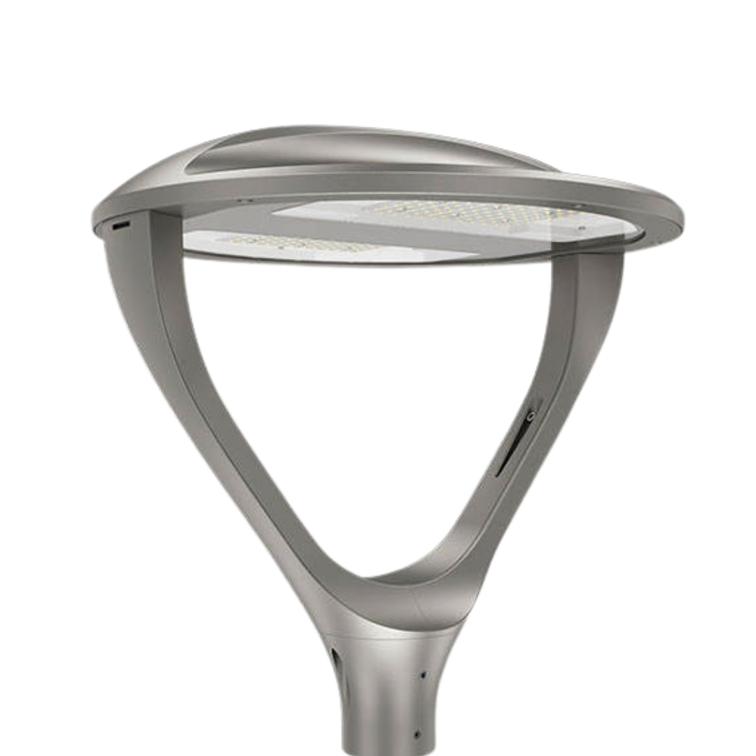 Vista lateral luminaria LED Halo 30W doble brazo en aluminio RAL 9007
