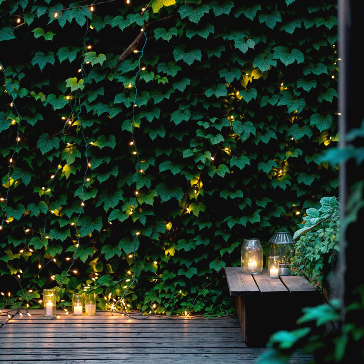Guirnalda solar LED ALBA 30 bolas 3000K, decorando un jardín con luz cálida
