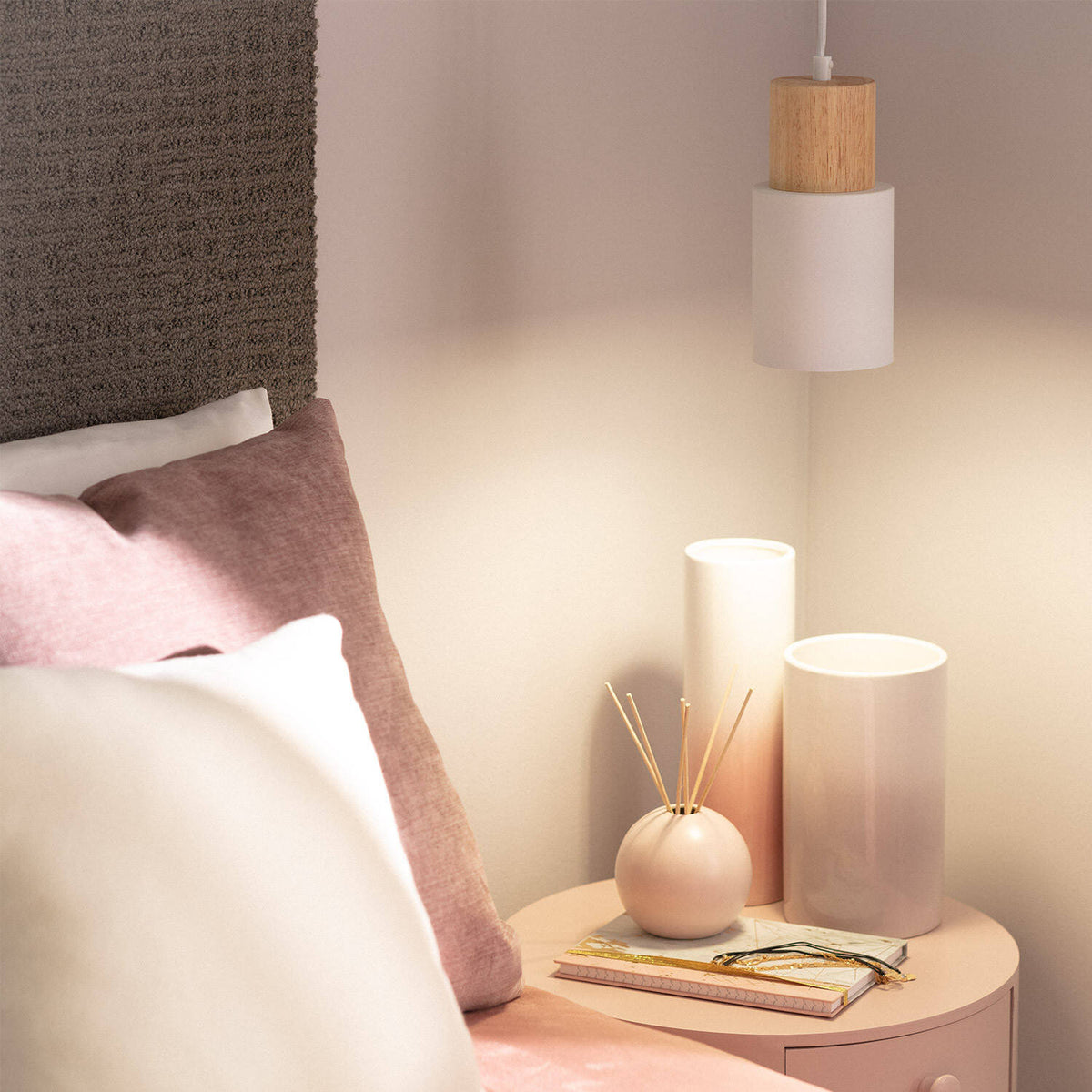 Lámpara colgante DUNA E27 blanco de aluminio y madera, vista 3