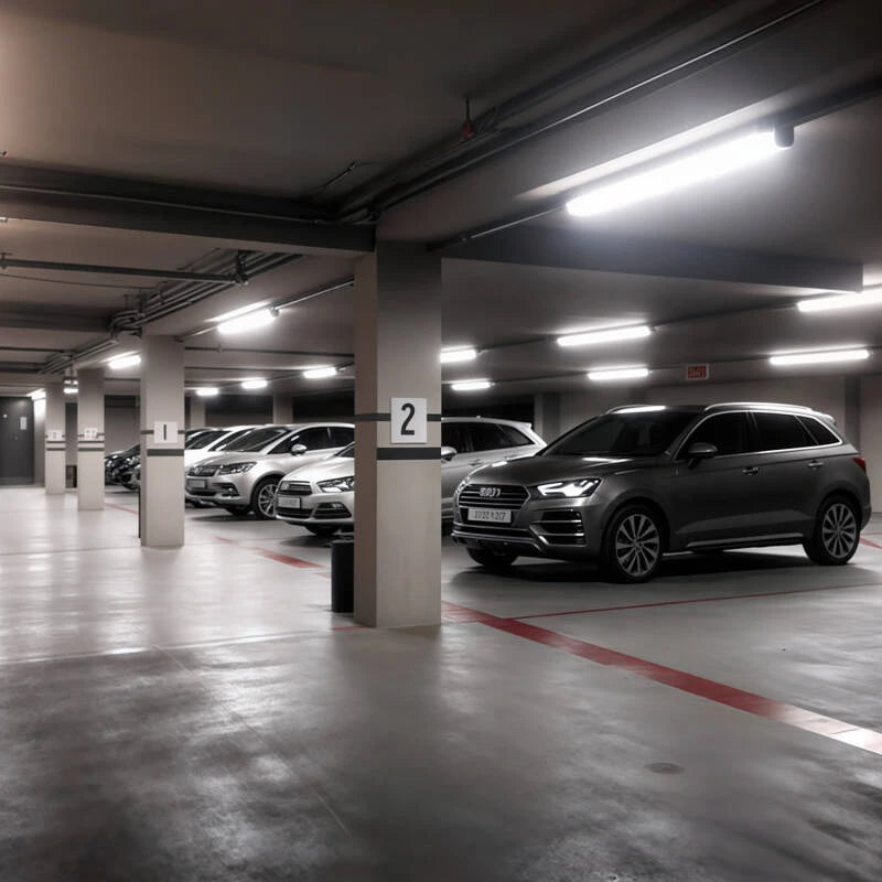Pantallas estancas LED LinePro instaladas en parking