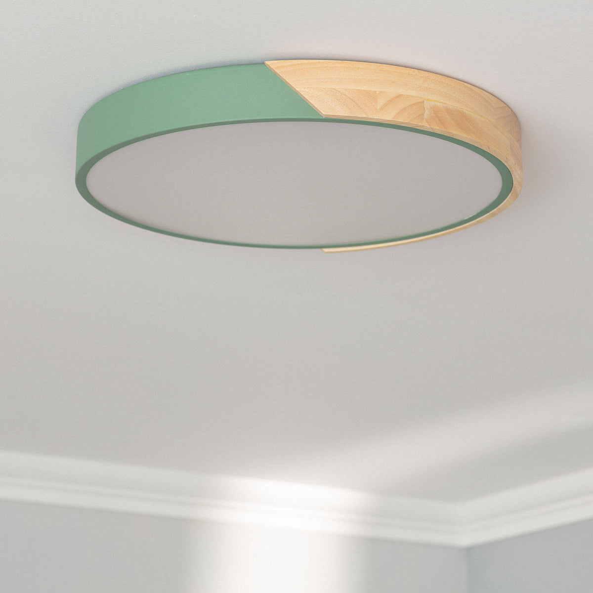 Plafón LED LIRA 24W verde celadón madera y aluminio Ø418 mm CCT, vista 4