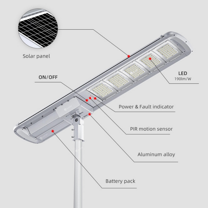 Farola Solar LED Exterior Curve 10000lm 180lm/W Panel Solar Autolimpiable